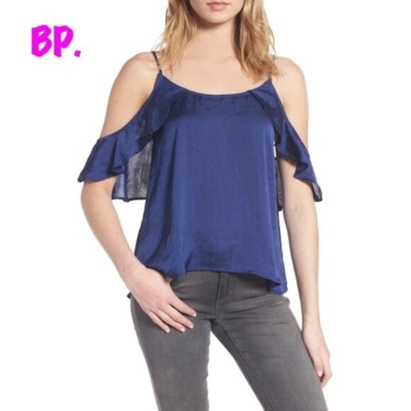 BP Womens Blue Flutter Sleeve Cold Shoulder Silky Satin Camisole Top Sz S New - Picture 9 of 10